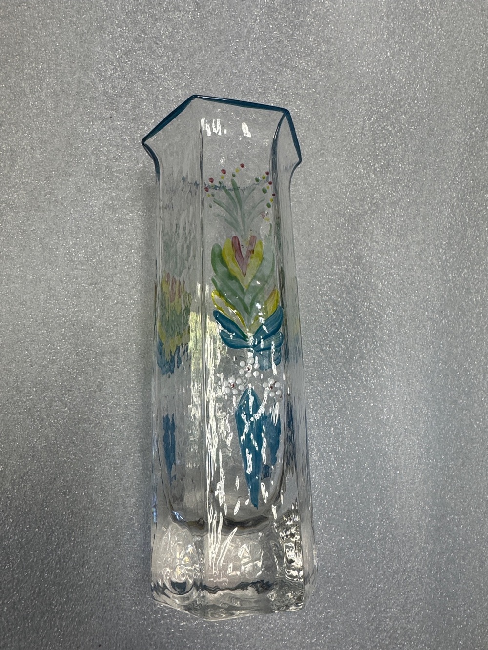 Hand-Painted Clear Glass Vase with Blue Trim